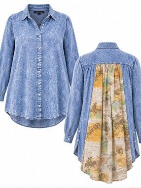 CHELSEA & THEODORE |‎ Artsy Tencel Western Cowboy Button Down Tunic Shirt | 3X